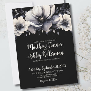 Modern Dark Moody Black Floral Wedding Invitation