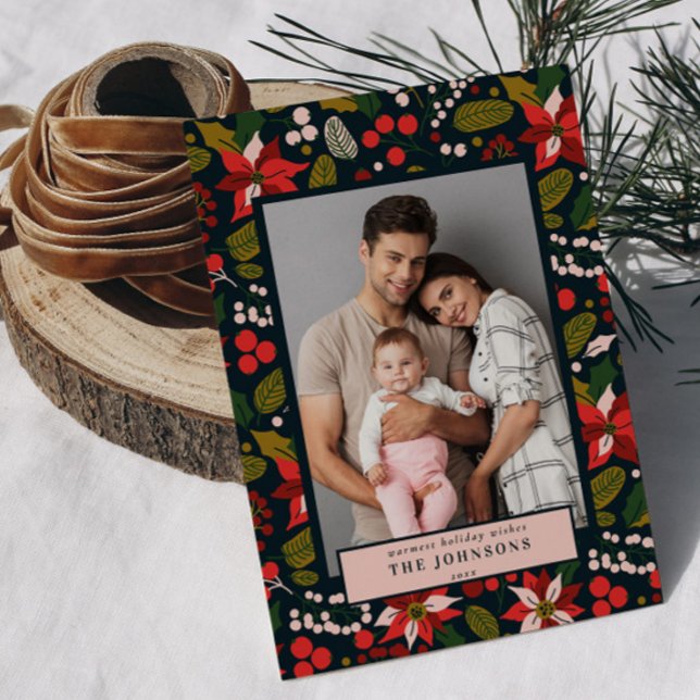 Modern Dark Moody Blue Red Poinsettia Photo Holiday Card (Creator Uploaded)