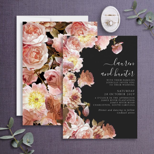 Modern Dark Moody Blush Pink Script Floral Wedding Invitation (Creator Uploaded)