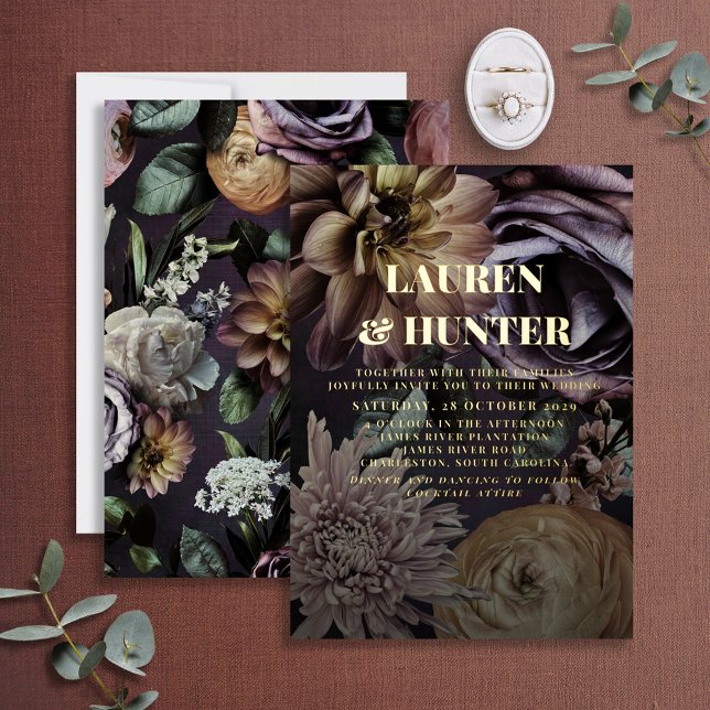 Modern Dark Moody Purple Botanical Wedding Gold (Creator Uploaded)