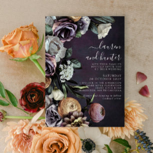 Modern Dark Moody Purple Script Floral Wedding Inv Invitation