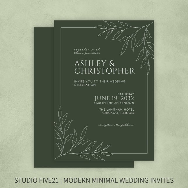 Modern Dark Moss Green Foliage Outline Wedding Invitation (Creator Uploaded)