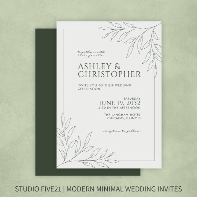 Modern Dark Moss Green Foliage Outline Wedding Invitation (Creator Uploaded)