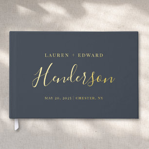 Modern Dark Navy and Gold Family Name Wedding Guest Book