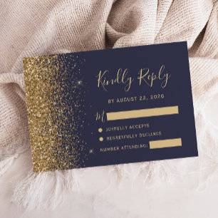 Modern Dark Navy Blue Gold Faux Glitter Edge RSVP Card
