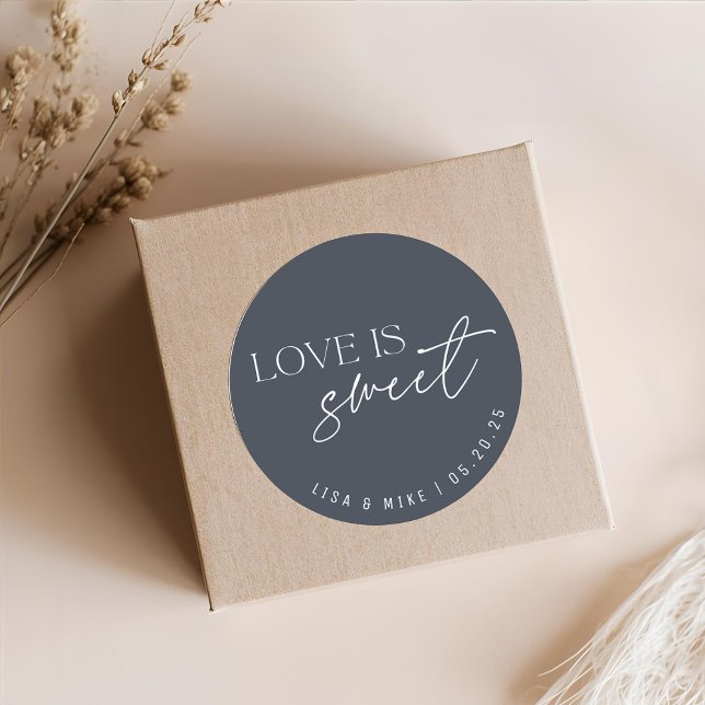 Modern Dark Navy Blue Love is Sweet Wedding Favour Classic Round Sticker (Creator Uploaded)