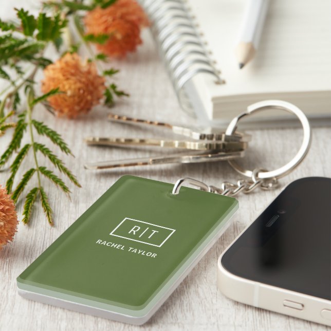 Modern Dark Olive Green Monogram Key Ring (Front Right)