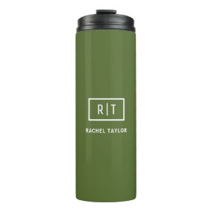 Modern Dark Olive Green Monogram Thermal Tumbler