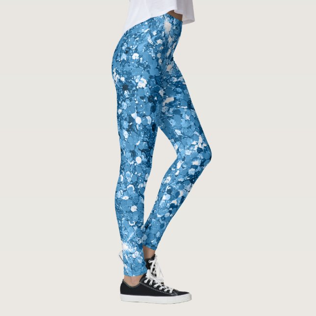 Modern Dark Pastel Light Azure Sparkling Glitter Leggings (Right)