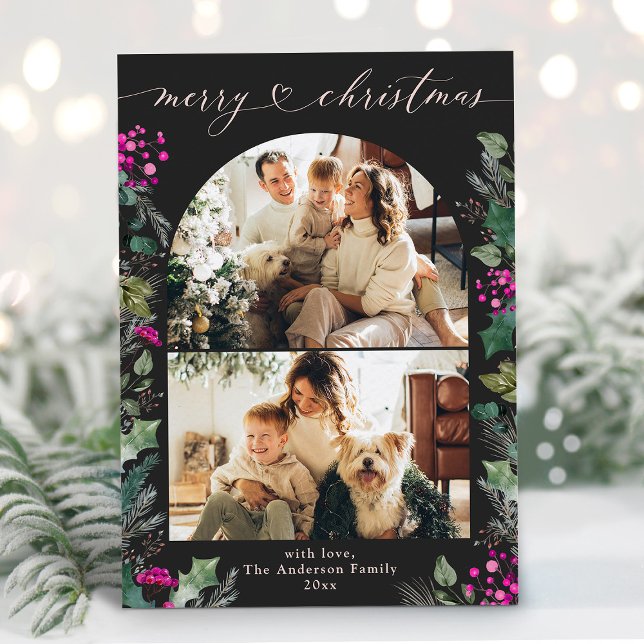 Modern Dark Pink Botanical 2 Photo Christmas Card (Creator Uploaded)