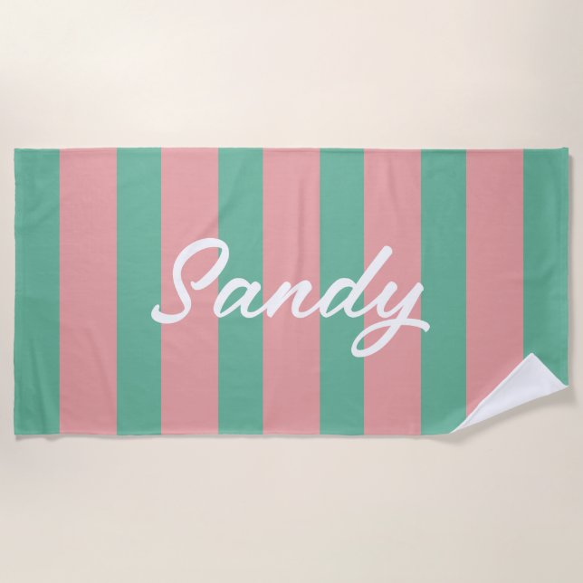 Modern dark pink &green  custom name beach towel (Front)