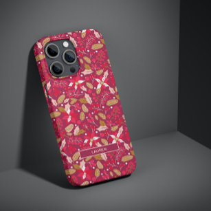 Modern Dark Pink Red Poinsettia Folk Name Pattern Case-Mate iPhone Case