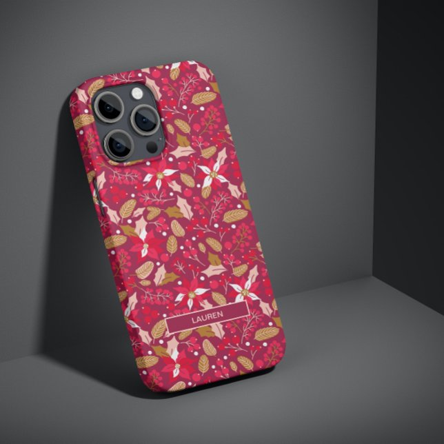 Modern Dark Pink Red Poinsettia Folk Name Pattern Case-Mate iPhone Case (Celebrate Christmas with this festive phone case designed to spread some holiday cheer! 🎅)