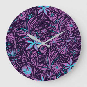Modern Dark Purple Floral Pattern Large Clock