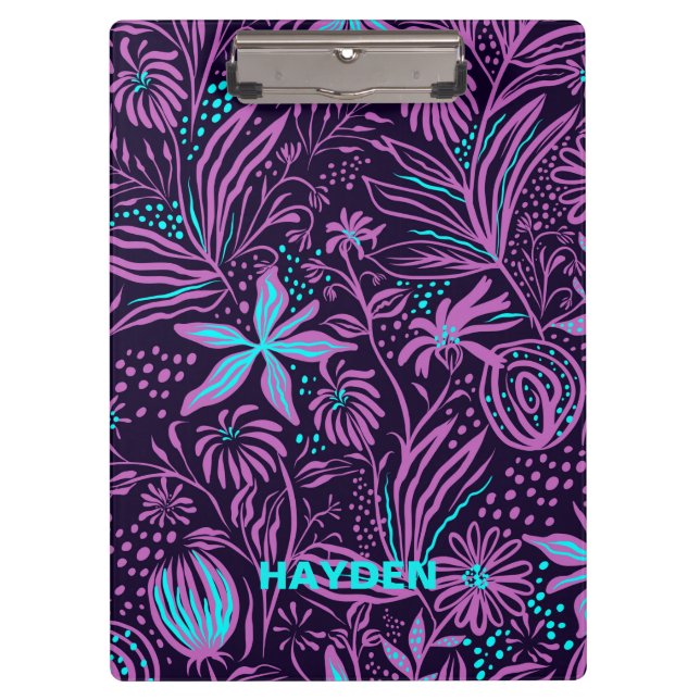 Modern Dark Purple Floral Pattern Personalised Clipboard (Front)