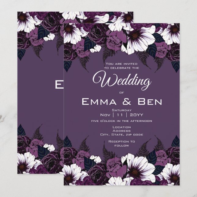 Modern Dark Purple Floral Wedding Invitation (Front/Back)