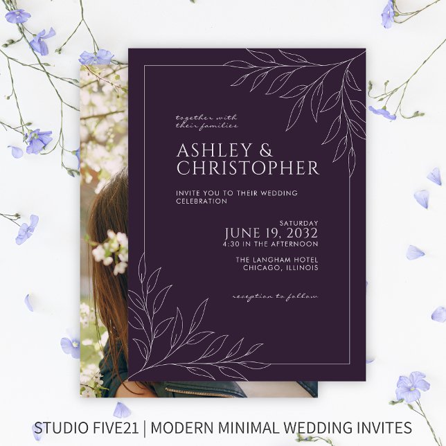 Modern Dark Purple Foliage Outline Photo Wedding Invitation (Creator Uploaded)