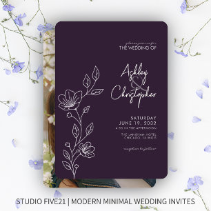 Modern Dark Purple Foliage Outline Photo Wedding Invitation