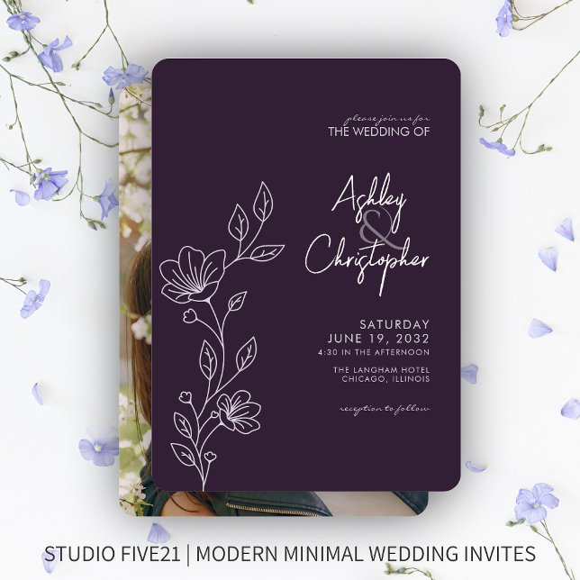 Modern Dark Purple Foliage Outline Photo Wedding Invitation (Creator Uploaded)