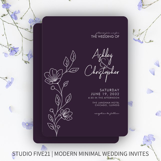 Modern Dark Purple Foliage Outline Wedding Invitation (Creator Uploaded)