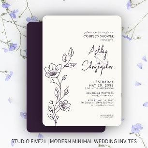Modern Dark Purple Foliage Outline Wedding Shower Invitation