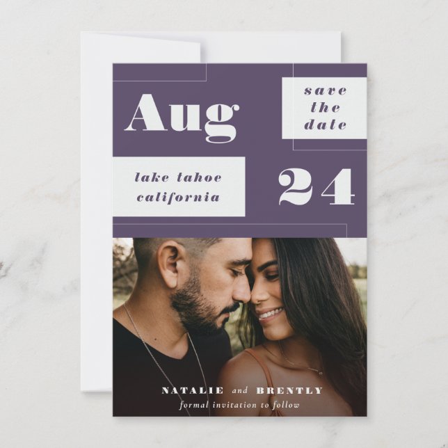 Modern Dark Purple Geometrics with Bold Text Save The Date (Front)