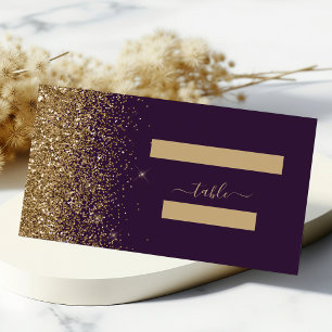 Modern Dark Purple Gold Glitter Edge Wedding Place Card