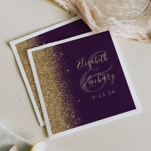 Modern Dark Purple Gold Glitter Wedding Napkin