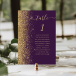 Modern Dark Purple Gold Glitter Wedding Table Number<br><div class="desc">The left-hand edge of this elegant modern wedding table number card features a gold faux glitter border. The word "table" appears in gold-coloured whimsical handwriting script on a dark purple background. Add the names of your guests who are assigned to each table.</div>