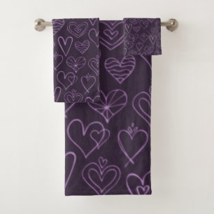 Modern Dark Purple Hearts Pattern Bath Towel Set