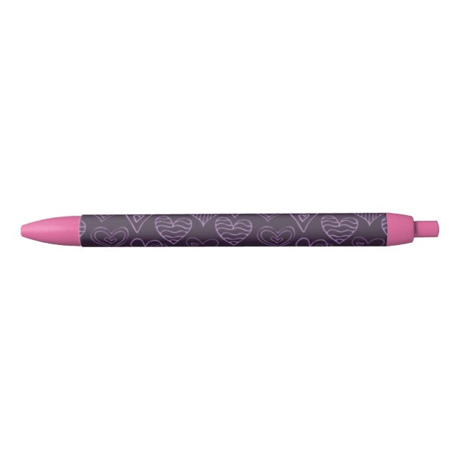 Modern Dark Purple Hearts Pattern Black Ink Pen (Front)