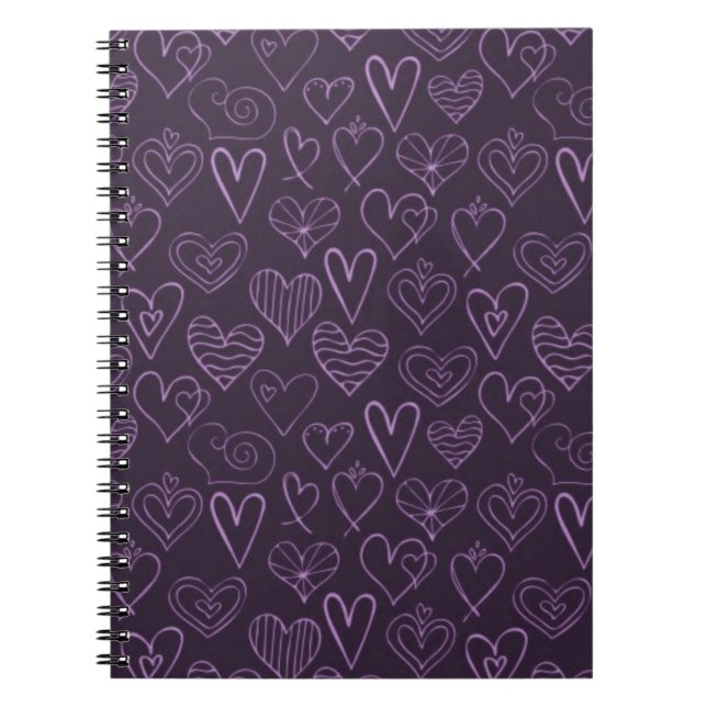 Modern Dark Purple Hearts Pattern Notebook (Front)