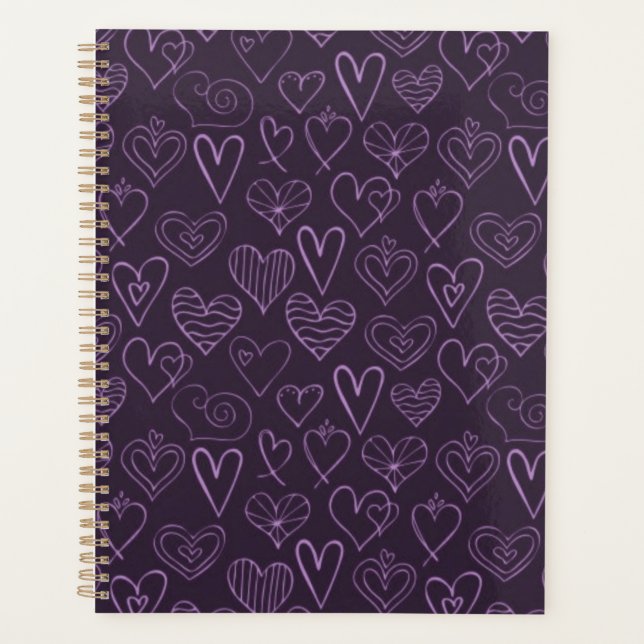 Modern Dark Purple Hearts Pattern Planner (Front)