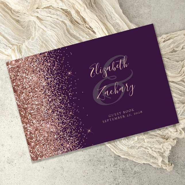 Modern Dark Purple Rose Gold Glitter Script Guest Book (Creator Uploaded)