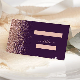 Modern Dark Purple Rose Gold Glitter Wedding Place Card