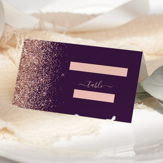 Modern Dark Purple Rose Gold Glitter Wedding Place Card (Creator Uploaded)