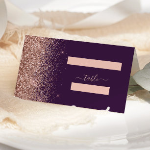 Modern Dark Purple Rose Gold Glitter Wedding Place Card