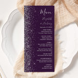 Modern Dark Purple Silver Glitter Edge Wedding Menu<br><div class="desc">The left-hand edge of this elegant modern wedding menu features a silver faux glitter design. The customisable text combines silver grey handwriting,  copperplate and italic fonts on a dark purple background. The reverse side features a matching purple and silver glitter design.</div>