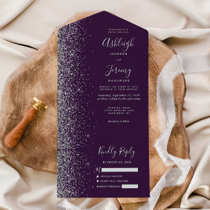 Modern Dark Purple Silver Glitter Wedding All In One Invitation