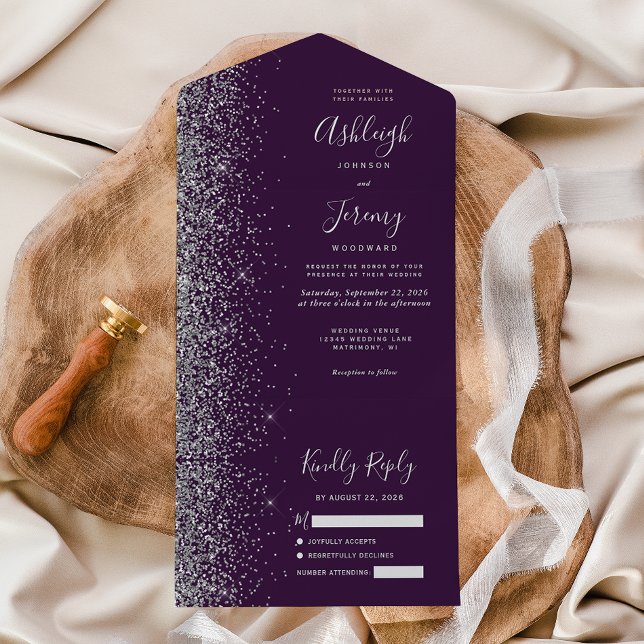 Modern Dark Purple Silver Glitter Wedding All In One Invitation (Creator Uploaded)