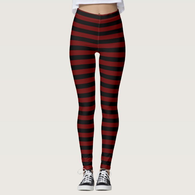 Modern Dark Red and Black Striped  Leggings (Front)