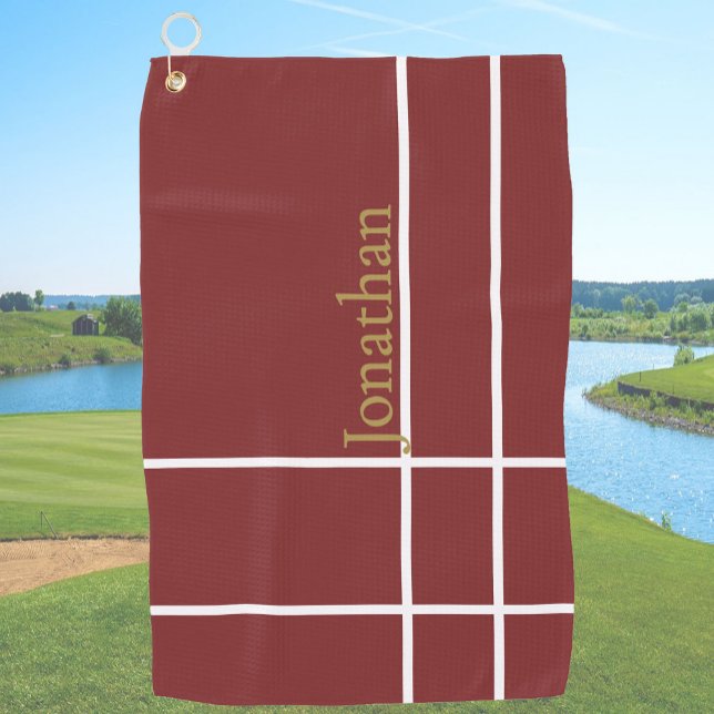 Modern dark red and gold minimalist custom name golf towel (Creator Uploaded)