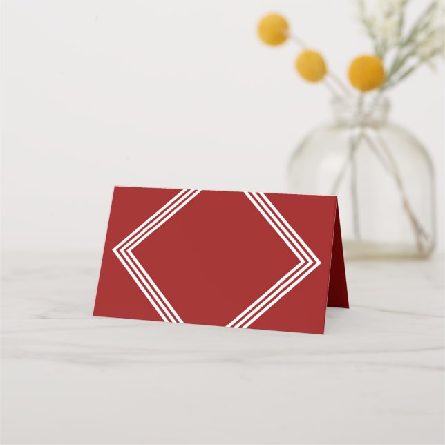 Modern Dark Red and Triple White Borders Geometric Place Card (Front)