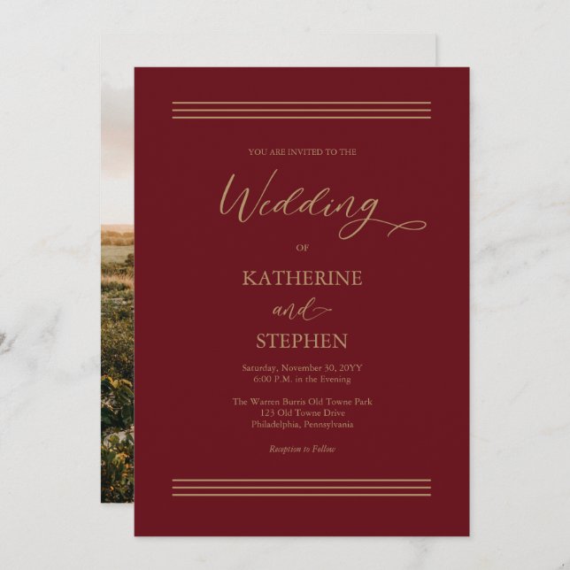 Modern Dark Red | Antique Gold Minimalist Wedding Invitation (Front/Back)