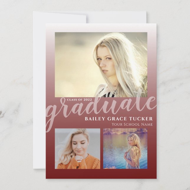 Modern Dark Red Ombre Graduate 3-photo Graduation Announcement (Front)