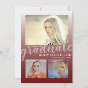 Modern Dark Red Ombre Graduate 3-photo Graduation Announcement