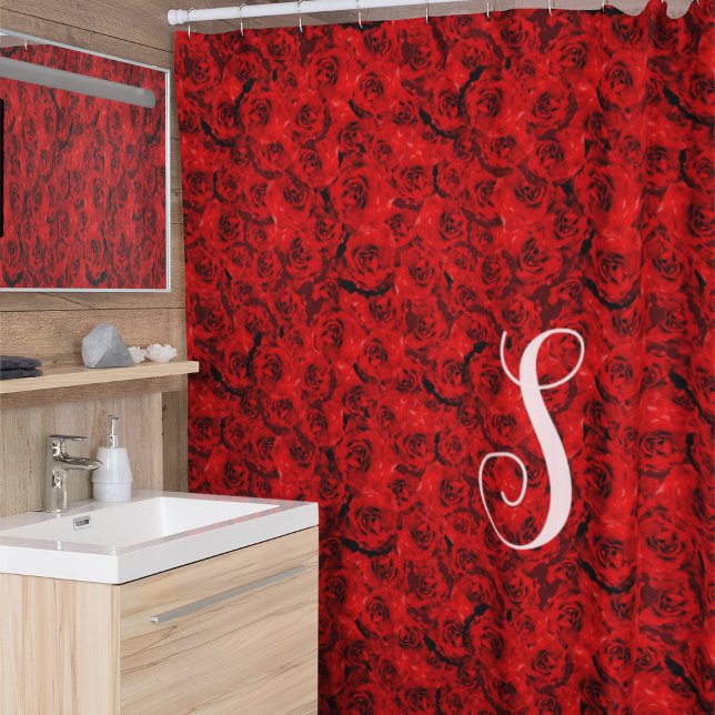 Modern Dark Red  Roses Aesthetic Custom Monogram Shower Curtain (Creator Uploaded)