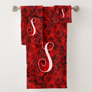 Modern Dark Red Roses Chic Custom Monogram Bath Towel Set