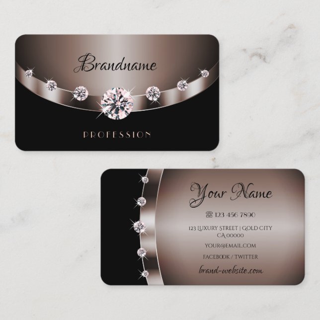 Modern Dark Rose Golden Luminous Faux Rhinestones Business Card (Front/Back)