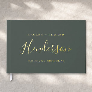 Modern Dark Sage and Gold Family Name Wedding Guest Book